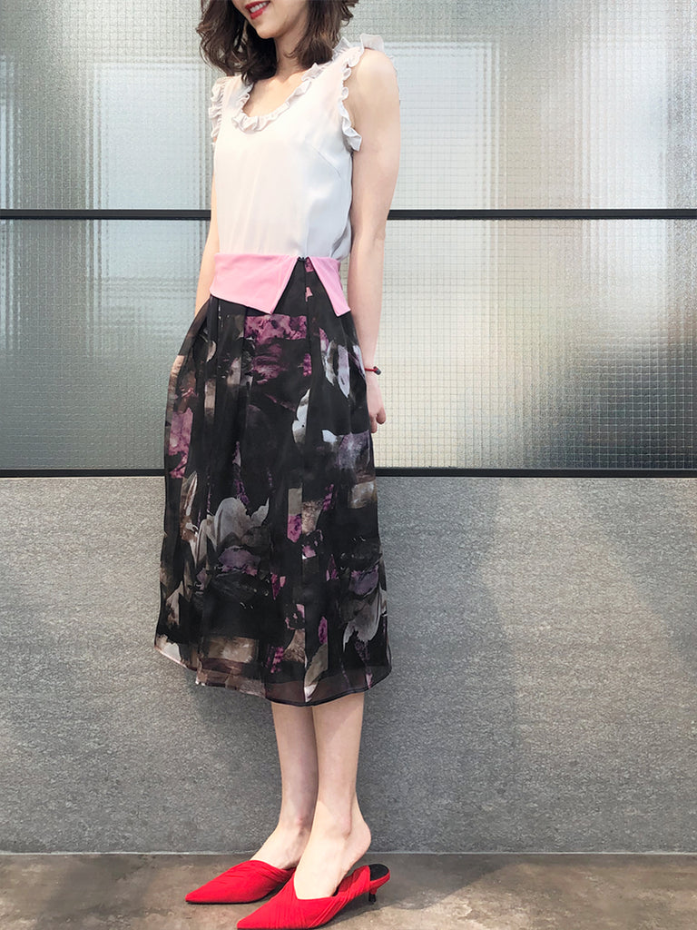 最後的機會!漂亮花卉彩繪罩層百褶真絲中長半身裙