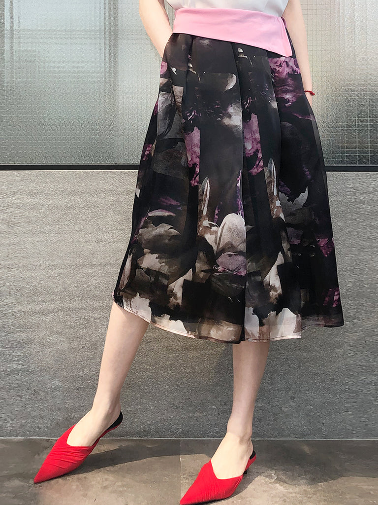 最後的機會!漂亮花卉彩繪罩層百褶真絲中長半身裙