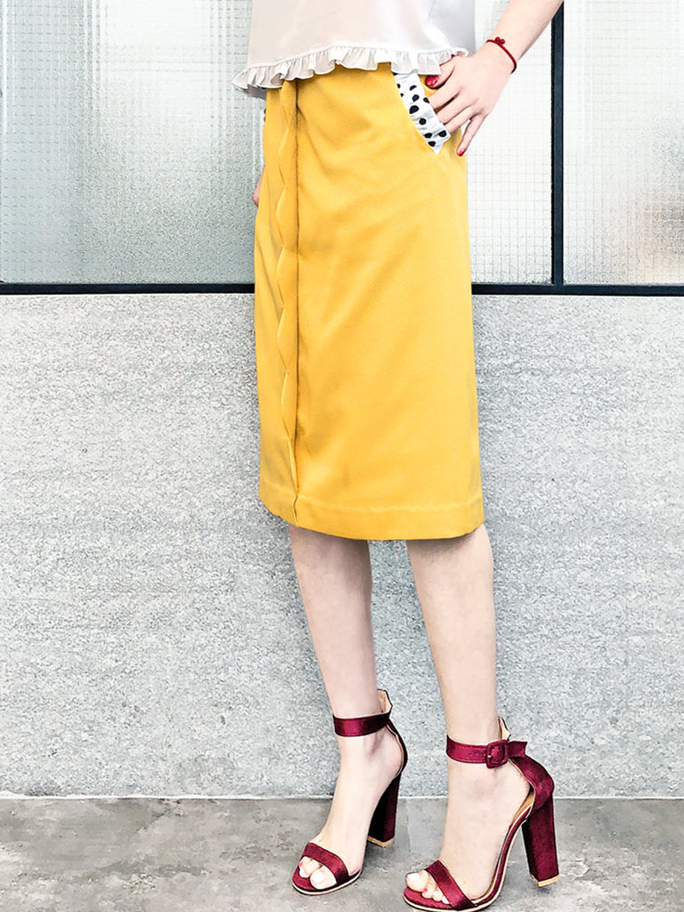 驚喜促銷!黃色扇貝細節圓點荷葉邊口袋鉛筆裙