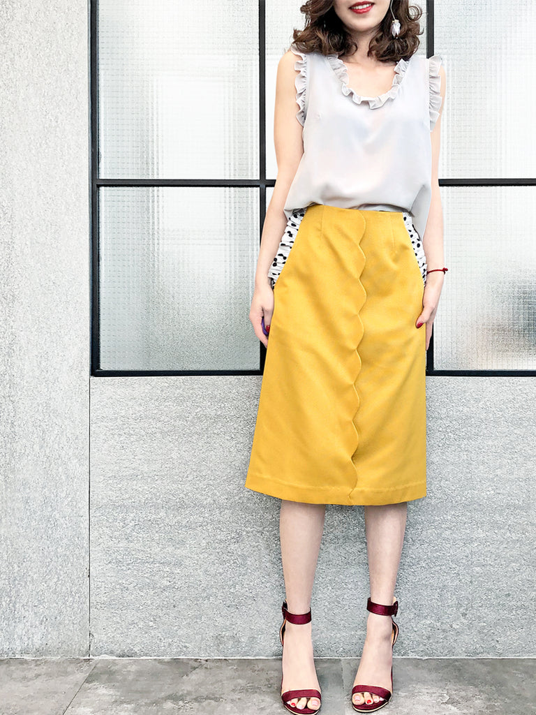 驚喜促銷!黃色扇貝細節圓點荷葉邊口袋鉛筆裙