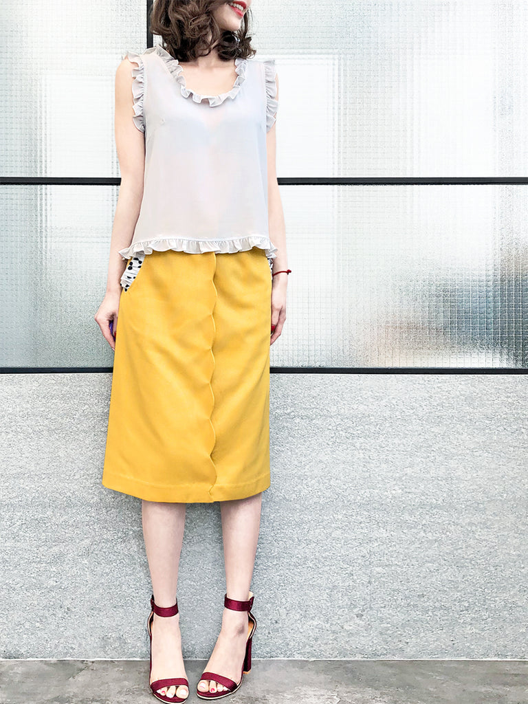 驚喜促銷!黃色扇貝細節圓點荷葉邊口袋鉛筆裙