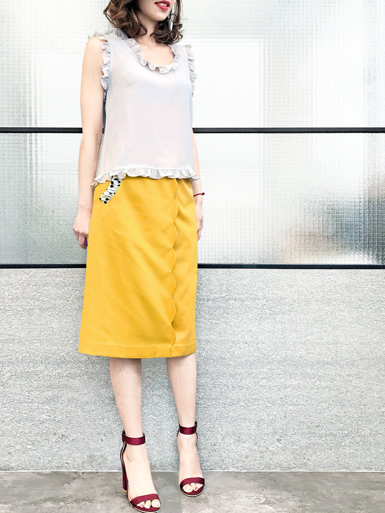 驚喜促銷!黃色扇貝細節圓點荷葉邊口袋鉛筆裙