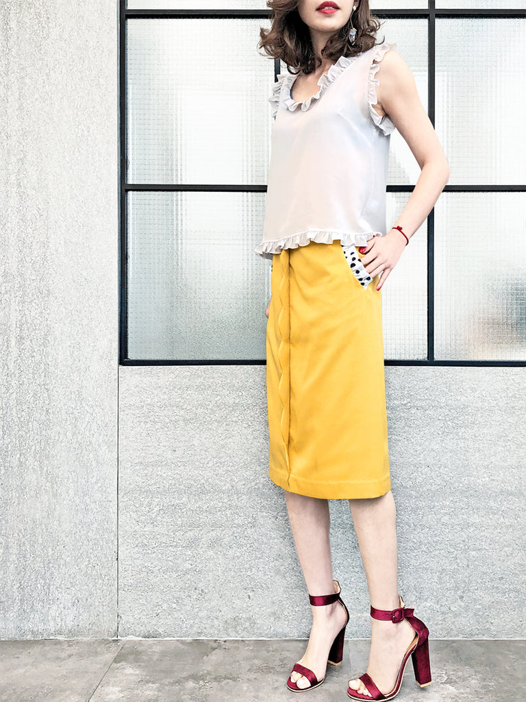 驚喜促銷!黃色扇貝細節圓點荷葉邊口袋鉛筆裙