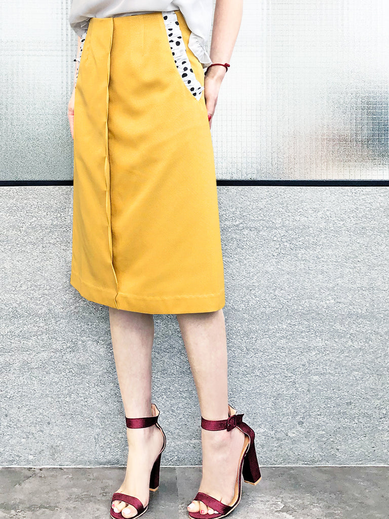 驚喜促銷!黃色扇貝細節圓點荷葉邊口袋鉛筆裙