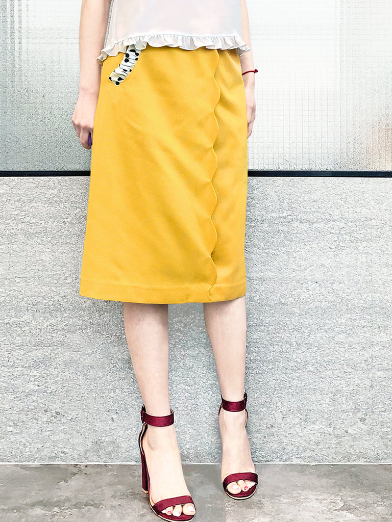 驚喜促銷!黃色扇貝細節圓點荷葉邊口袋鉛筆裙