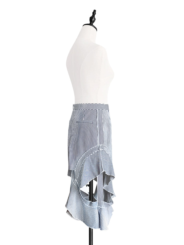 驚喜促銷!藍灰色搭配白色條紋荷葉邊鏤空半身裙