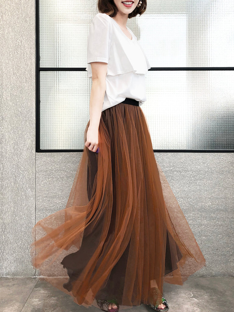 Surprise Sale! Caramel Brownish Shades Tonal Layer Tulle Chiffon Maxi Skirt