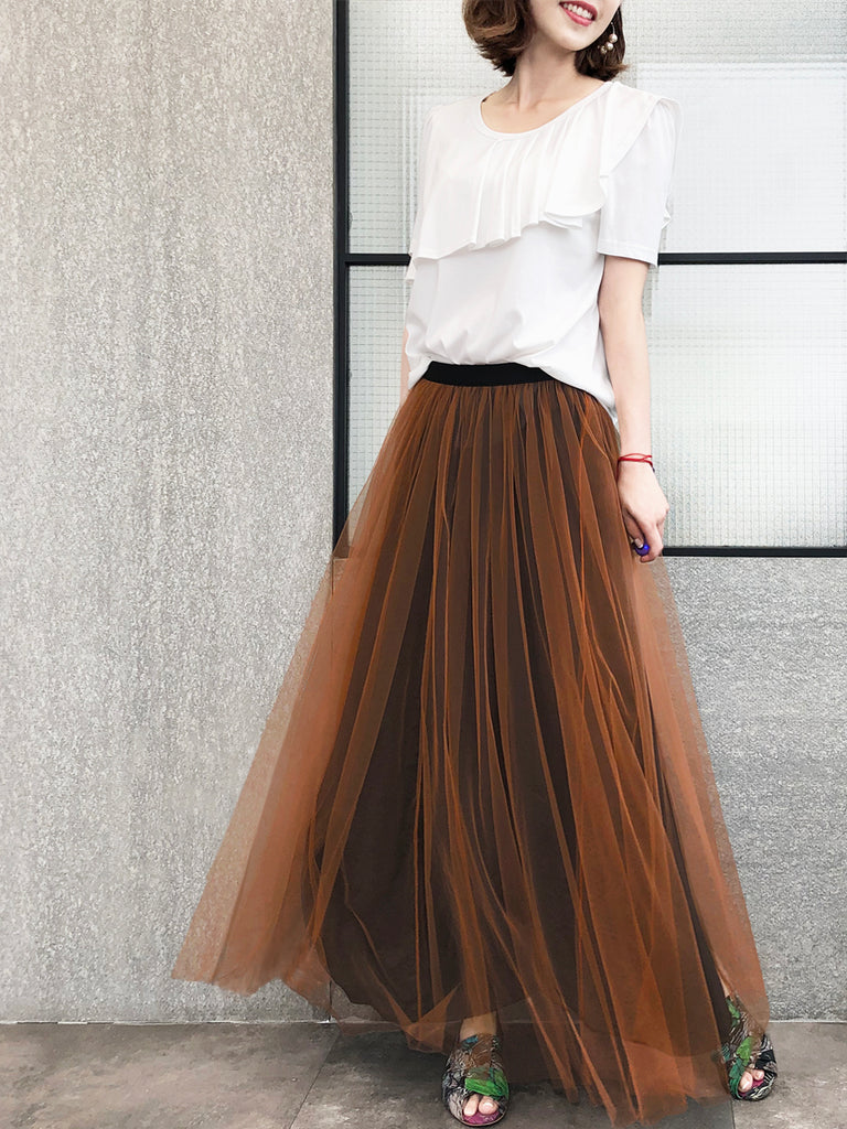 Surprise Sale! Caramel Brownish Shades Tonal Layer Tulle Chiffon Maxi Skirt