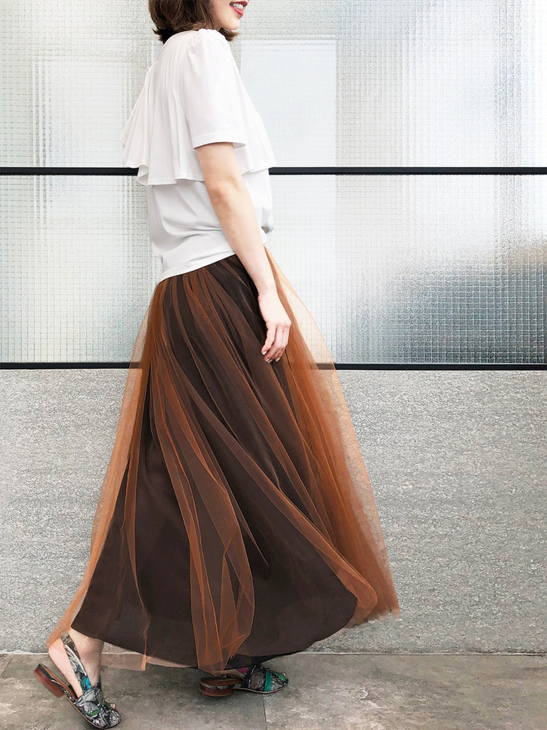 Surprise Sale! Caramel Brownish Shades Tonal Layer Tulle Chiffon Maxi Skirt