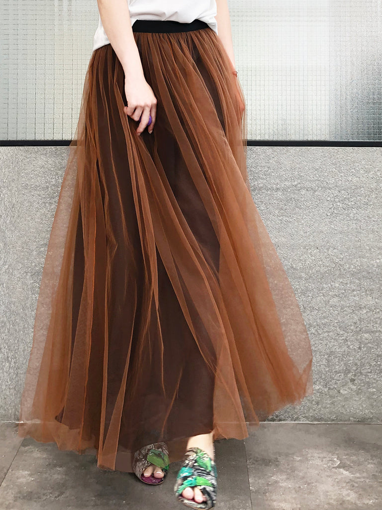 Surprise Sale! Caramel Brownish Shades Tonal Layer Tulle Chiffon Maxi Skirt