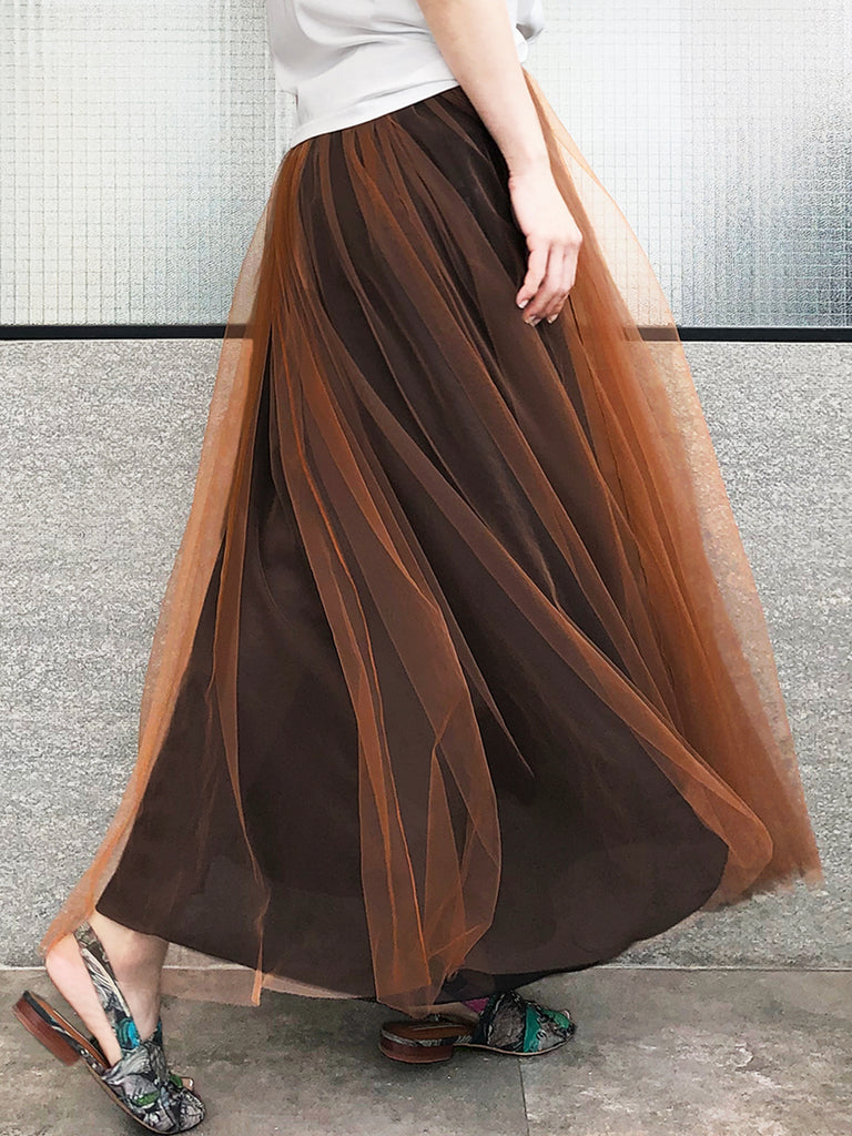 Surprise Sale! Caramel Brownish Shades Tonal Layer Tulle Chiffon Maxi Skirt