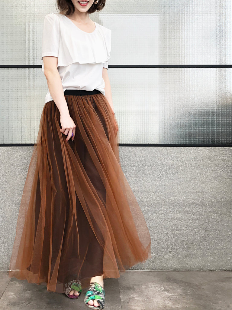 Surprise Sale! Caramel Brownish Shades Tonal Layer Tulle Chiffon Maxi Skirt
