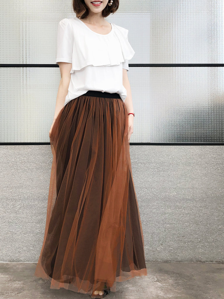 Surprise Sale! Caramel Brownish Shades Tonal Layer Tulle Chiffon Maxi Skirt
