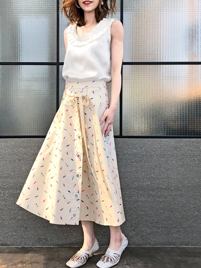 最後促銷!羽毛印花棉混紡繫帶腰圍裙