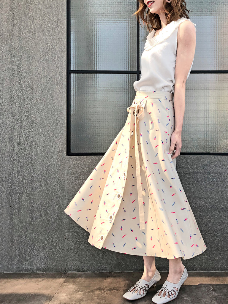 最後促銷!羽毛印花棉混紡繫帶腰圍裙