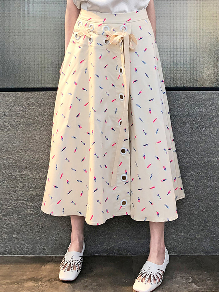 最後促銷!羽毛印花棉混紡繫帶腰圍裙