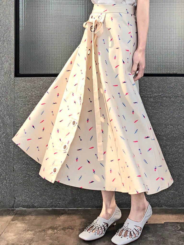 最後促銷!羽毛印花棉混紡繫帶腰圍裙