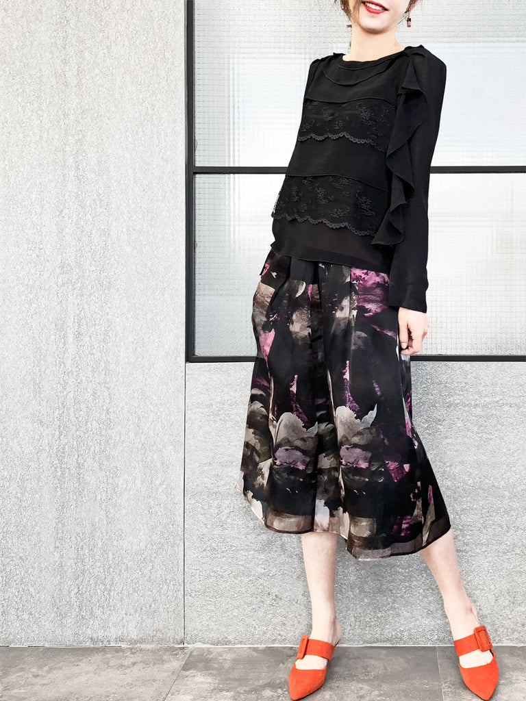 Last Chance! Black Lace Trims Tiered Ruffle Asymmetrical Sleeves Chiffon Silk Blouse