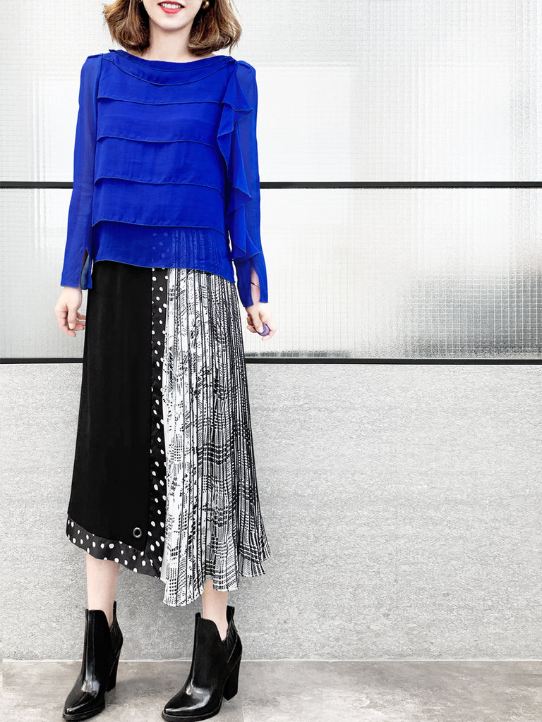 Last Chance! Electric Blue Tiered Ruffle Asymmetrical Sleeves Chiffon Silk Blouse