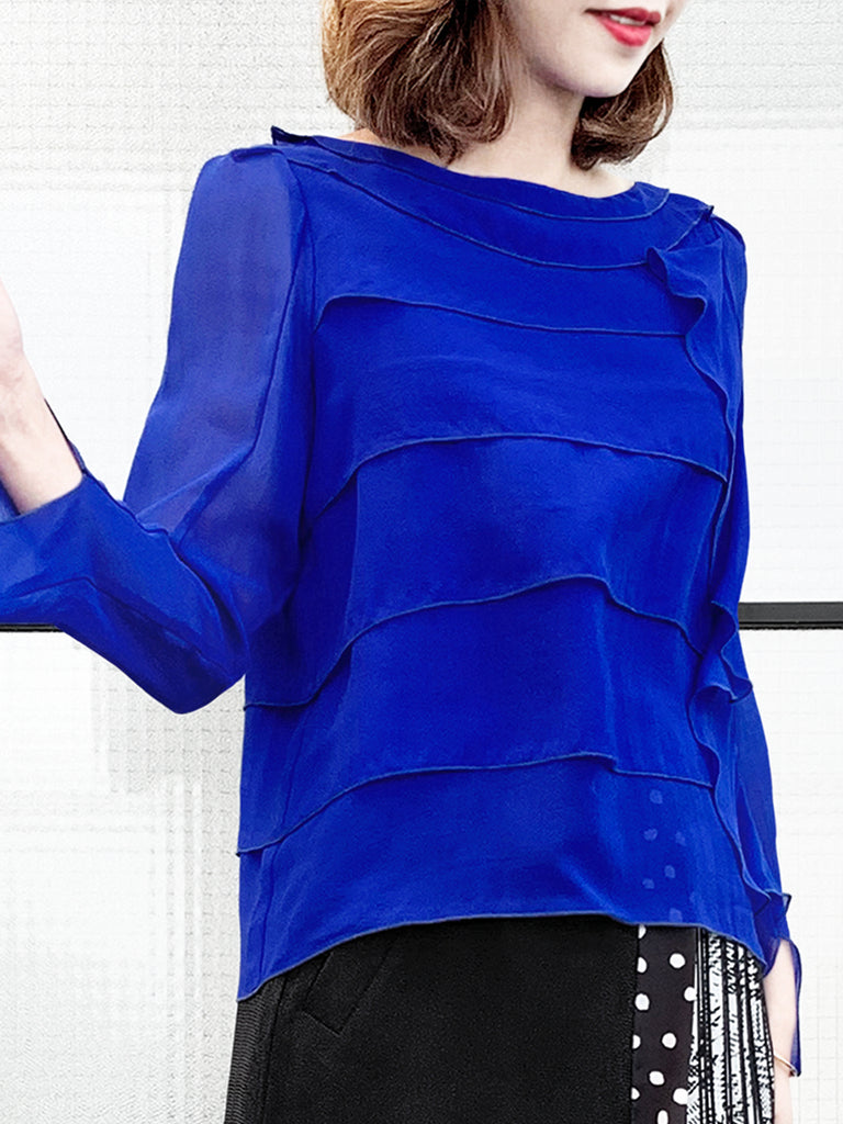 Last Chance! Electric Blue Tiered Ruffle Asymmetrical Sleeves Chiffon Silk Blouse