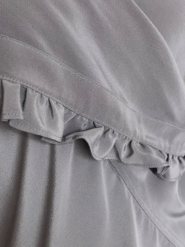 Last Chance! Grey Flirty Cold Shoulder Asymmetrical Ruffle Silk Top