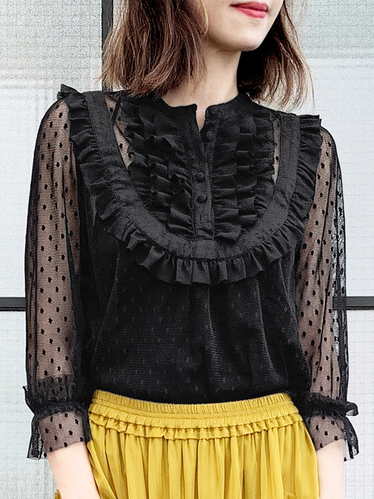 Last Chance! Black Polka Dot Ruffle Collar Sheer Tulle Blouse