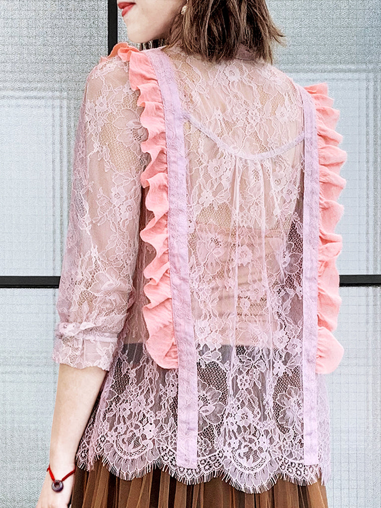 Pinky-Day! Pink Romance Ruffle Collar Sheer Eyelash Lace Blouse