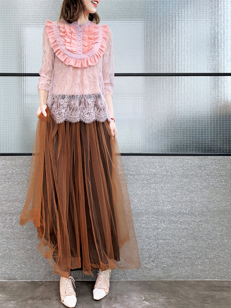 Pinky-Day! Pink Romance Ruffle Collar Sheer Eyelash Lace Blouse