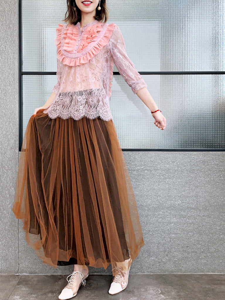 Pinky-Day! Pink Romance Ruffle Collar Sheer Eyelash Lace Blouse