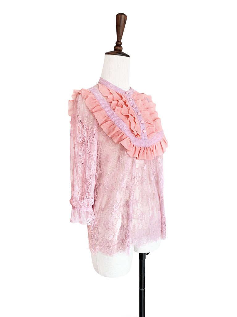 Pinky-Day! Pink Romance Ruffle Collar Sheer Eyelash Lace Blouse