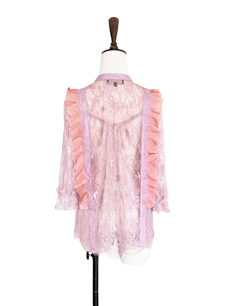 Pinky-Day! Pink Romance Ruffle Collar Sheer Eyelash Lace Blouse