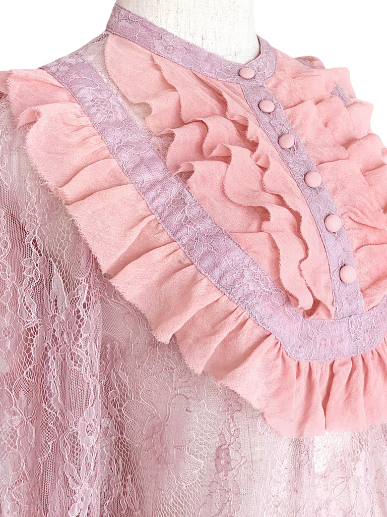 Pinky-Day! Pink Romance Ruffle Collar Sheer Eyelash Lace Blouse