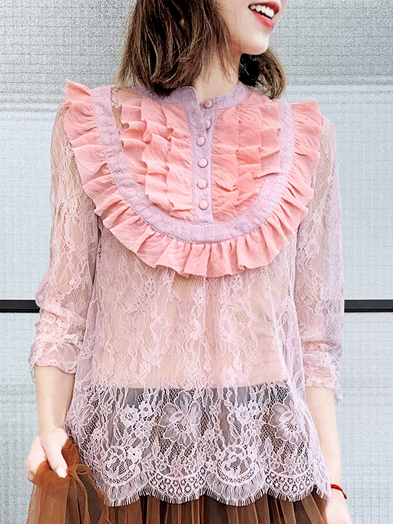 Pinky-Day! Pink Romance Ruffle Collar Sheer Eyelash Lace Blouse