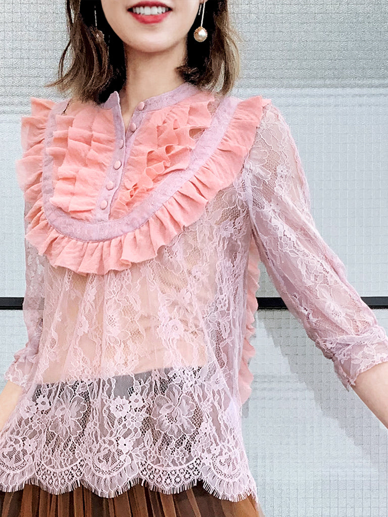 Pinky-Day! Pink Romance Ruffle Collar Sheer Eyelash Lace Blouse