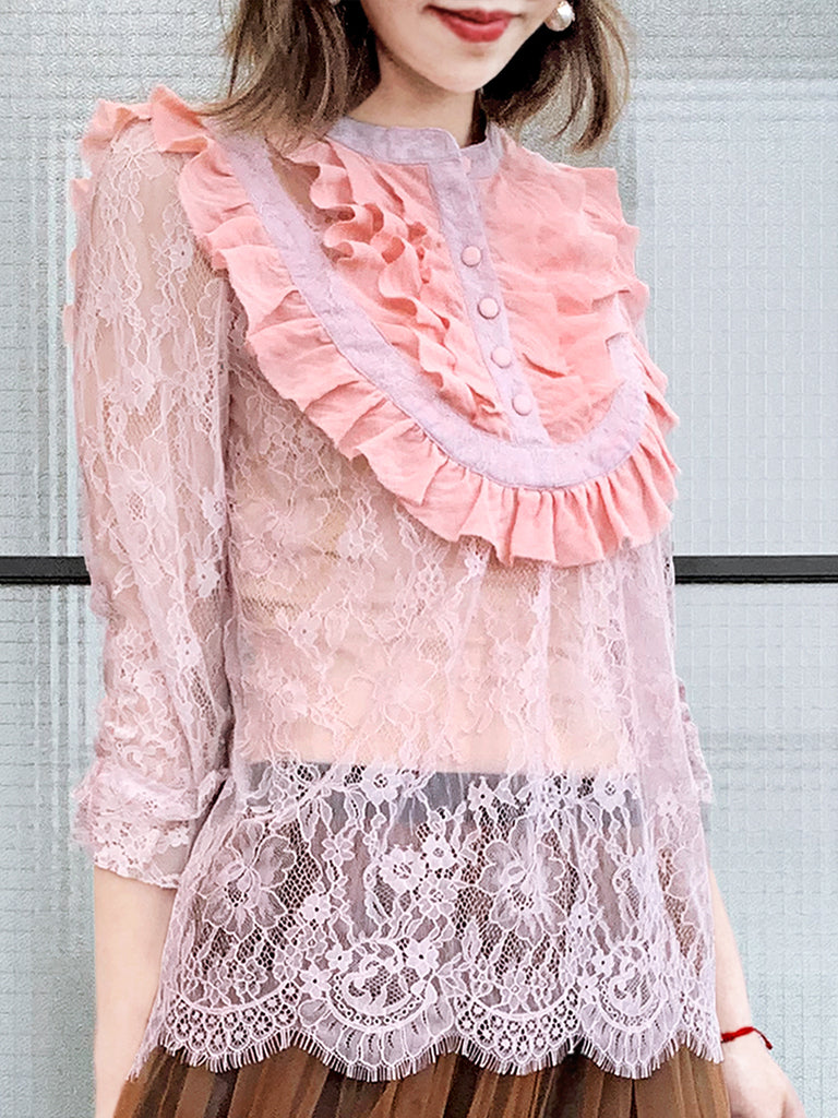 Pinky-Day! Pink Romance Ruffle Collar Sheer Eyelash Lace Blouse