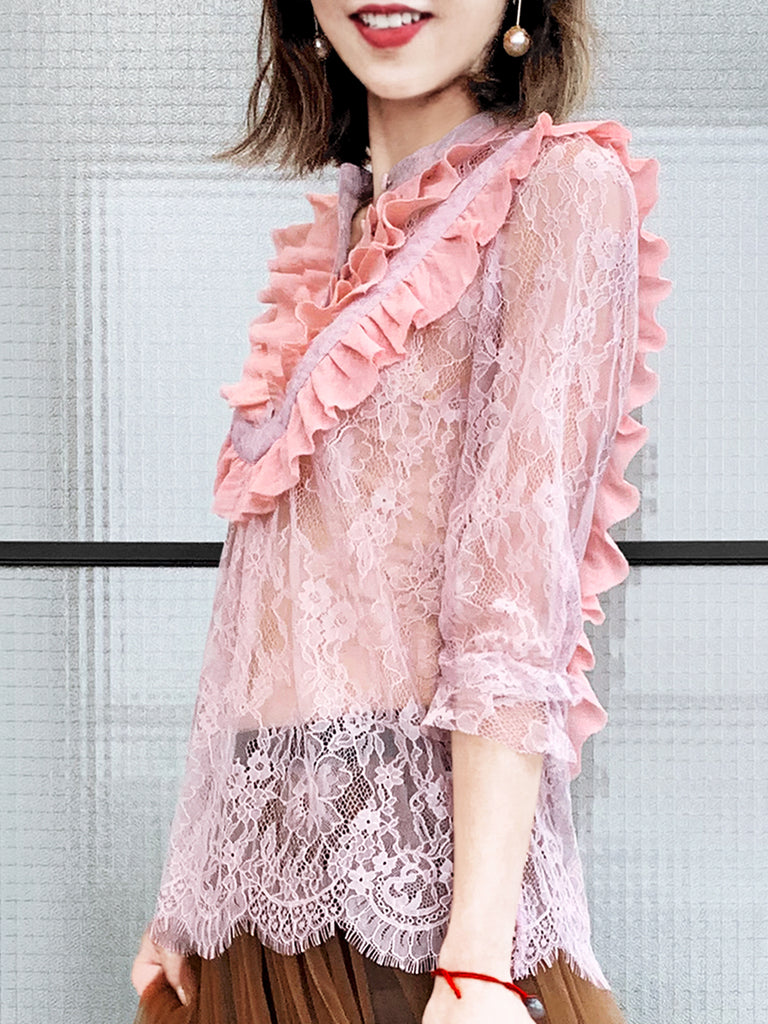 Pinky-Day! Pink Romance Ruffle Collar Sheer Eyelash Lace Blouse