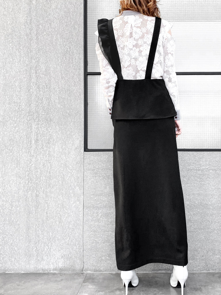 驚喜促銷!黑色不對稱荷葉邊肩帶超長背心洋裝