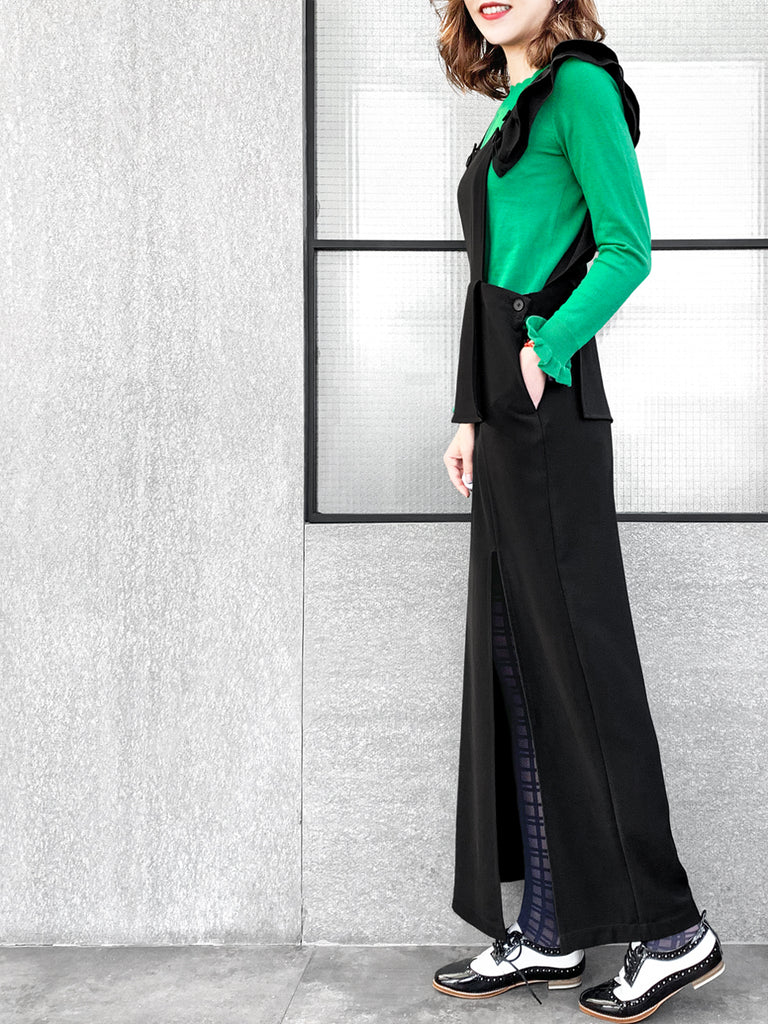 驚喜促銷!黑色不對稱荷葉邊肩帶超長背心洋裝