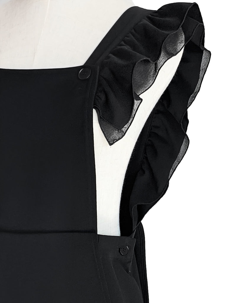 驚喜促銷!黑色不對稱荷葉邊肩帶超長背心洋裝