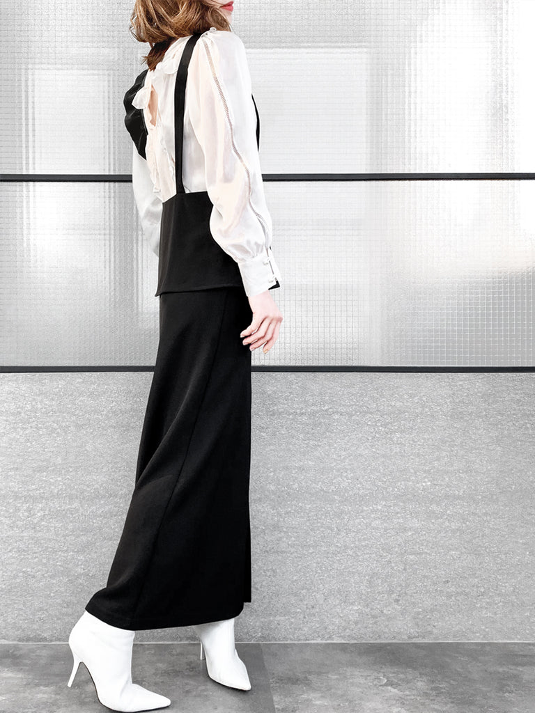 驚喜促銷!黑色不對稱荷葉邊肩帶超長背心洋裝