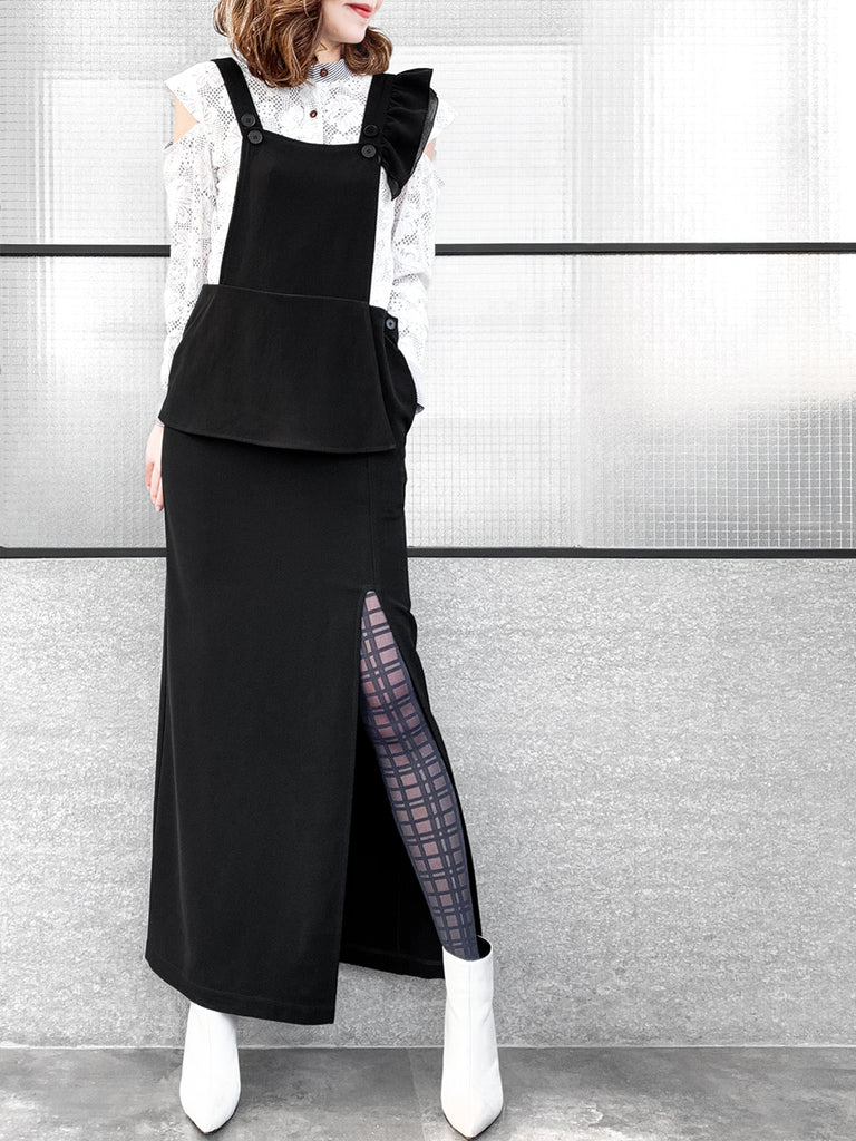 驚喜促銷!黑色不對稱荷葉邊肩帶超長背心洋裝