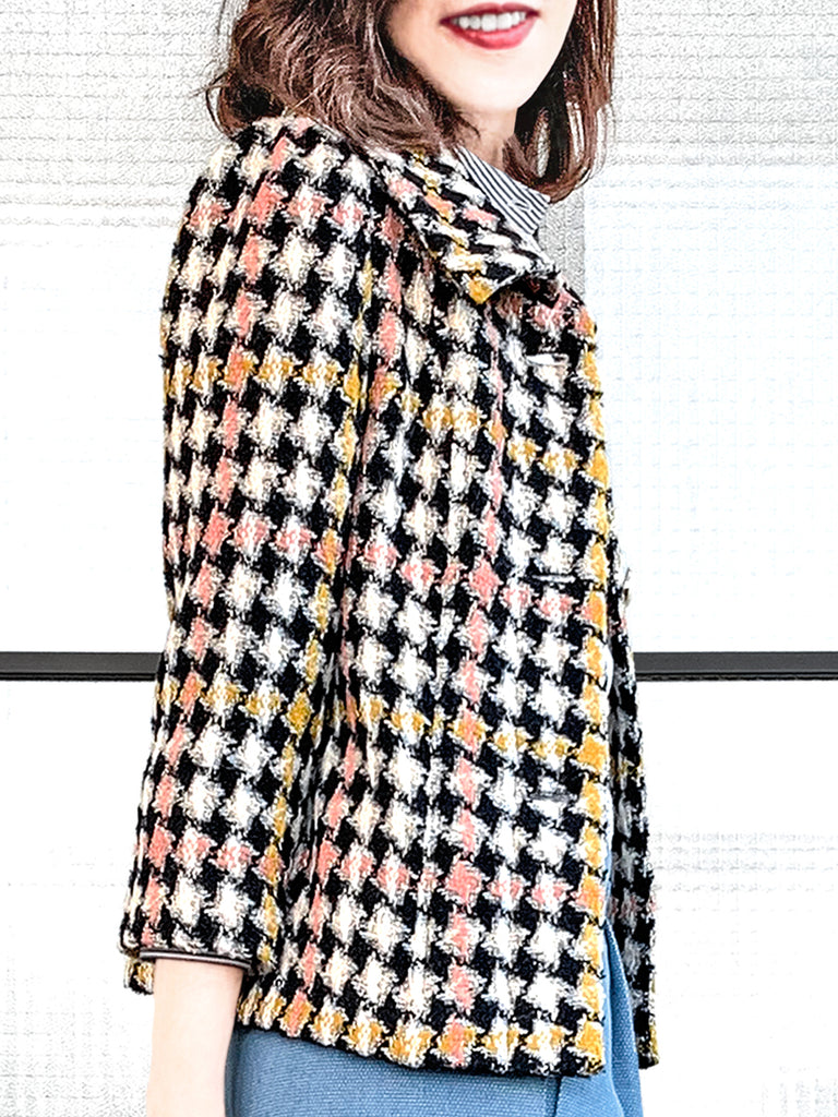 驚喜促銷!彩色千鳥格泡泡袖寬鬆夾克