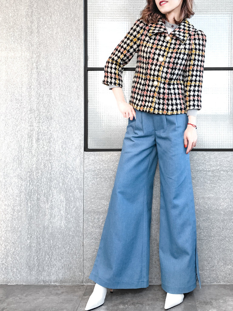 驚喜促銷!彩色千鳥格泡泡袖寬鬆夾克