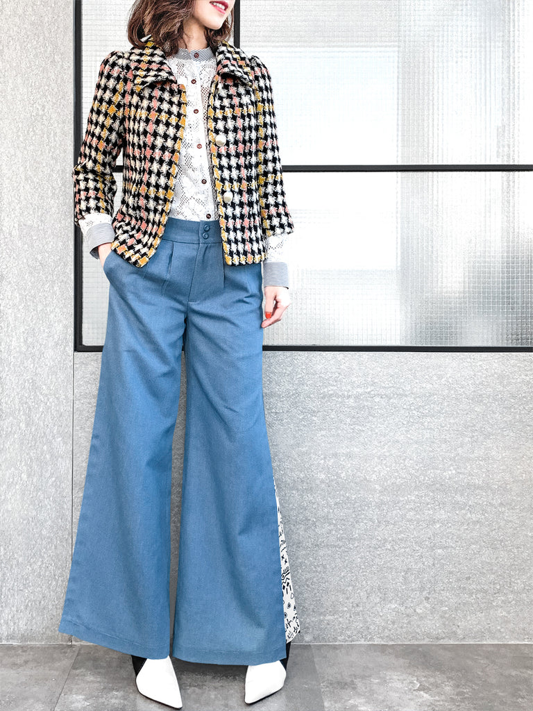 驚喜促銷!彩色千鳥格泡泡袖寬鬆夾克