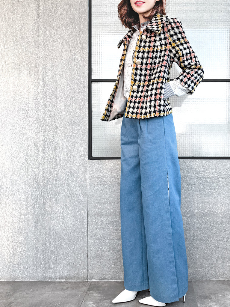 驚喜促銷!彩色千鳥格泡泡袖寬鬆夾克