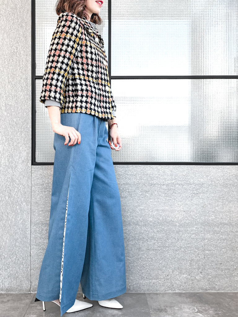 驚喜促銷!彩色千鳥格泡泡袖寬鬆夾克