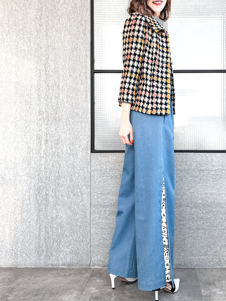 驚喜促銷!彩色千鳥格泡泡袖寬鬆夾克