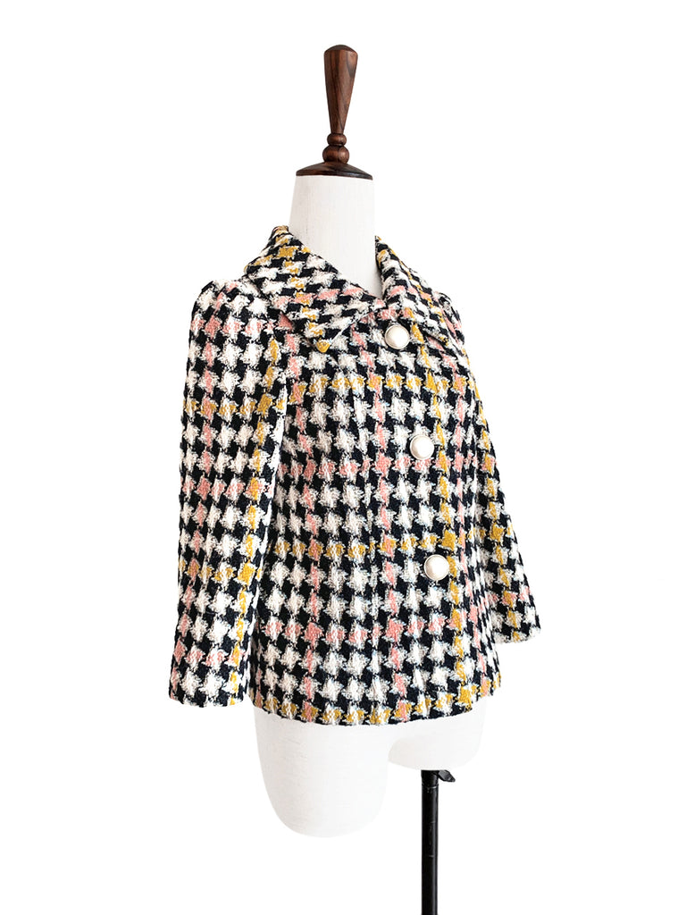 驚喜促銷!彩色千鳥格泡泡袖寬鬆夾克