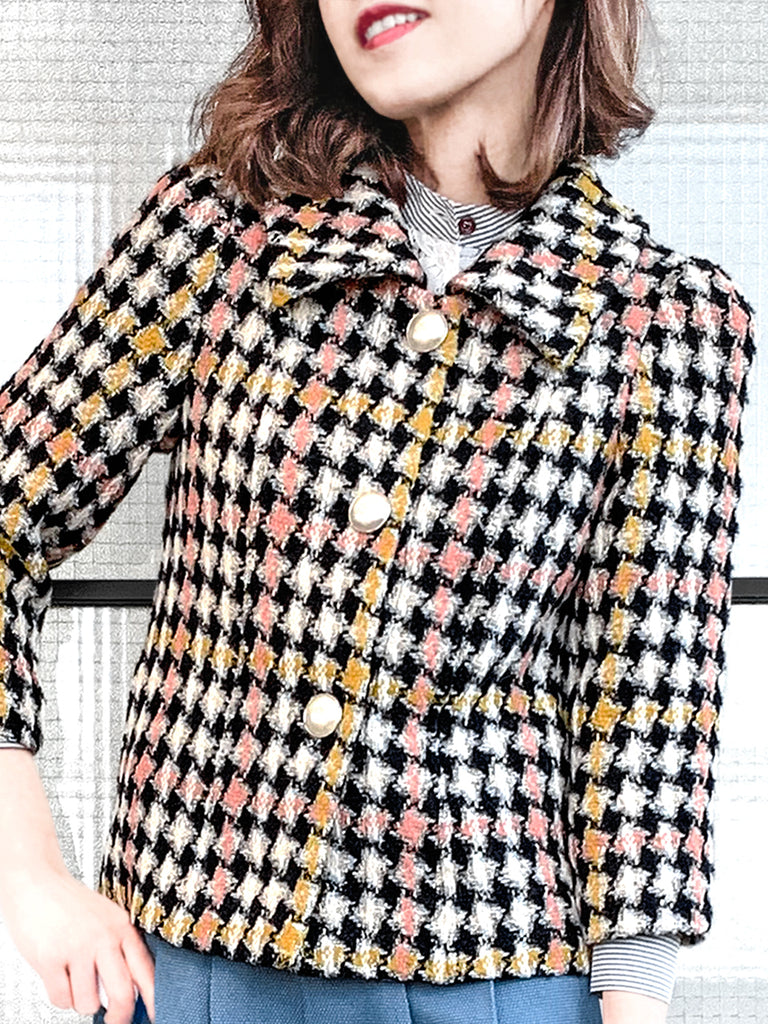 驚喜促銷!彩色千鳥格泡泡袖寬鬆夾克