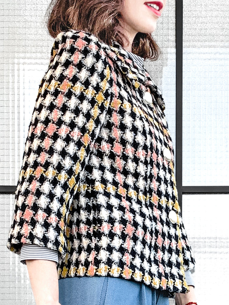 驚喜促銷!彩色千鳥格泡泡袖寬鬆夾克